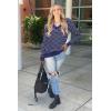 imageArachampampCloz Womens Soft V Neck Long Sleeve Casual Loose Fit Sweater TopsStriped Navy White