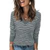 imageArachampampCloz Womens Soft V Neck Long Sleeve Casual Loose Fit Sweater TopsStriped Grey White