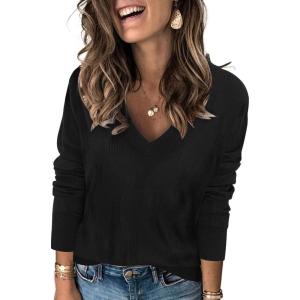 imageArachampampCloz Womens Soft V Neck Long Sleeve Casual Loose Fit Sweater TopsBlack