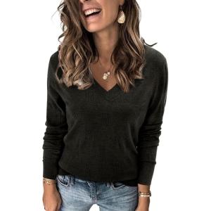 imageArachampampCloz Womens Soft V Neck Long Sleeve Casual Loose Fit Sweater TopsHeather Black