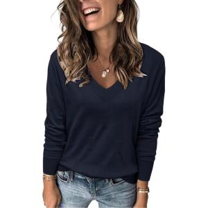 imageArachampampCloz Womens Soft V Neck Long Sleeve Casual Loose Fit Sweater TopsNavy
