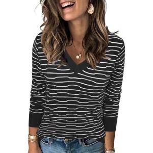imageArachampampCloz Womens Soft V Neck Long Sleeve Casual Loose Fit Sweater TopsStriped Black White