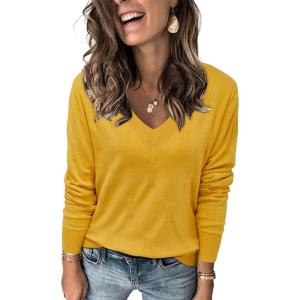 imageArachampampCloz Womens Soft V Neck Long Sleeve Casual Loose Fit Sweater TopsYellow
