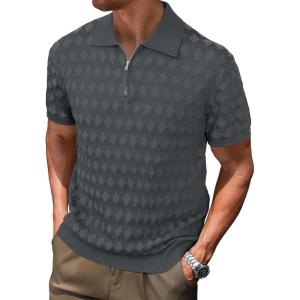 imageArachampampCloz Mens Zipper Polo 3D Texture Shirts 2025 Spring Summer Fashion Knit Golf Tops Short Sleeve Dress ClothesDark Grey