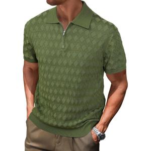 imageArachampampCloz Mens Zipper Polo 3D Texture Shirts 2025 Spring Summer Fashion Knit Golf Tops Short Sleeve Dress ClothesLucky Green