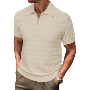 imageArachampampCloz Mens Zipper Polo 3D Texture Shirts 2025 Spring Summer Fashion Knit Golf Tops Short Sleeve Dress ClothesMuted Apricot