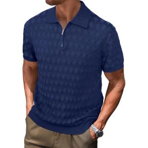 imageArachampampCloz Mens Zipper Polo 3D Texture Shirts 2025 Spring Summer Fashion Knit Golf Tops Short Sleeve Dress ClothesNavy Blue