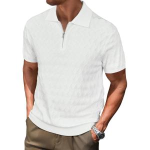 imageArachampampCloz Mens Zipper Polo 3D Texture Shirts 2025 Spring Summer Fashion Knit Golf Tops Short Sleeve Dress ClothesWhite