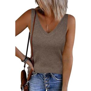 imageArachampampCloz Womens Non See Through Double VNeck Summer Casual Tanks 2025Coffee