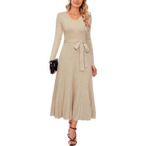 imageArachampampCloz Womens Wool Blend Tie Waist Pleated Fall Sweater Dress 2025Apricot