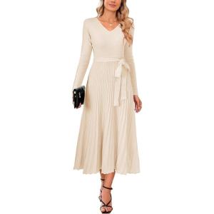 imageArachampampCloz Womens Wool Blend Tie Waist Pleated Fall Sweater Dress 2025Beige
