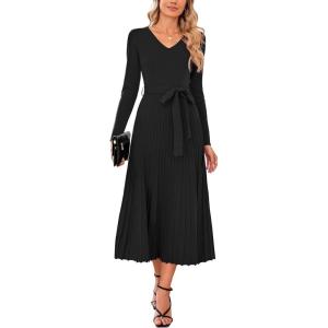 imageArachampampCloz Womens Wool Blend Tie Waist Pleated Fall Sweater Dress 2025Black