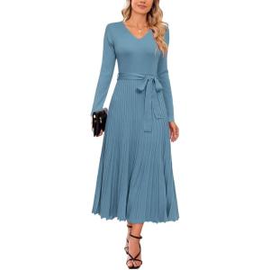 imageArachampampCloz Womens Wool Blend Tie Waist Pleated Fall Sweater Dress 2025Blue