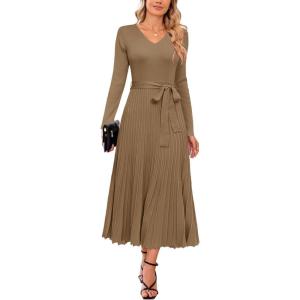 imageArachampampCloz Womens Wool Blend Tie Waist Pleated Fall Sweater Dress 2025Camel