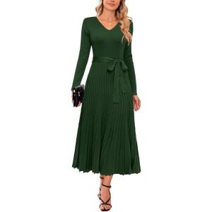imageArachampampCloz Womens Wool Blend Tie Waist Pleated Fall Sweater Dress 2025Dark Green