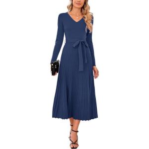 imageArachampampCloz Womens Wool Blend Tie Waist Pleated Fall Sweater Dress 2025Navy