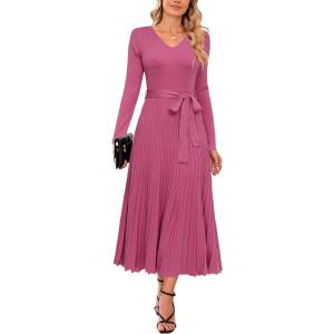 imageArachampampCloz Womens Wool Blend Tie Waist Pleated Fall Sweater Dress 2025Rose Pink