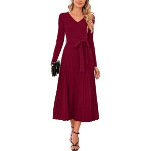 imageArachampampCloz Womens Wool Blend Tie Waist Pleated Fall Sweater Dress 2025Wine Red