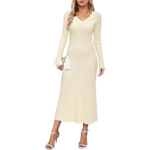 imageArachampampCloz 2025 Spring Womens V Neck Long Sleeve Fishtail Sweater Dress Ribbed Knit Slim Fit Bodycon Midi DressApricot Beige