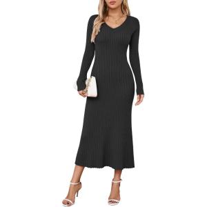 imageArachampampCloz 2025 Spring Womens V Neck Long Sleeve Fishtail Sweater Dress Ribbed Knit Slim Fit Bodycon Midi DressBlack
