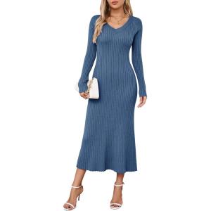 imageArachampampCloz 2025 Spring Womens V Neck Long Sleeve Fishtail Sweater Dress Ribbed Knit Slim Fit Bodycon Midi DressDark Blue