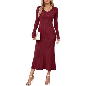 imageArachampampCloz 2025 Spring Womens V Neck Long Sleeve Fishtail Sweater Dress Ribbed Knit Slim Fit Bodycon Midi DressRed