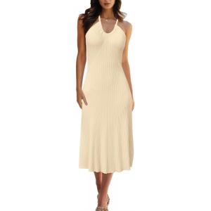 imageArachampampCloz Womens Knit Adjustable Halter V Neck Summer Vacation Dress 2025Beige