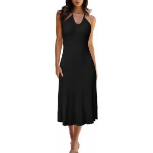imageArachampampCloz Womens Knit Adjustable Halter V Neck Summer Vacation Dress 2025Black