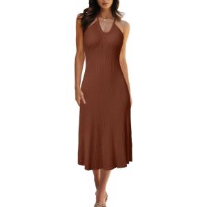 imageArachampampCloz Womens Knit Adjustable Halter V Neck Summer Vacation Dress 2025Brown