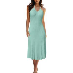 imageArachampampCloz Womens Knit Adjustable Halter V Neck Summer Vacation Dress 2025Celadon Green