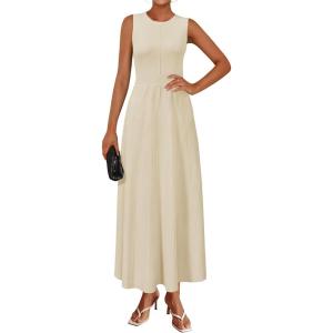 imageArachampampCloz Womens Summer Maxi Dress 2025 Crew Neck Sleeveless Knitted Church Work Business Casual Outfits Long DressesApricot