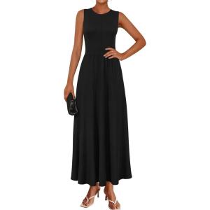 imageArachampampCloz Womens Summer Maxi Dress 2025 Crew Neck Sleeveless Knitted Church Work Business Casual Outfits Long DressesBlack