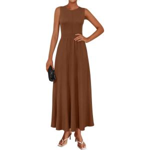 imageArachampampCloz Womens Summer Maxi Dress 2025 Crew Neck Sleeveless Knitted Church Work Business Casual Outfits Long DressesLight Brown