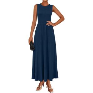 imageArachampampCloz Womens Summer Maxi Dress 2025 Crew Neck Sleeveless Knitted Church Work Business Casual Outfits Long DressesNavy