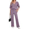 imageArachampampCloz Womens 2 Piece Sets Spring Summer Outfits 2024 Short Sleeve Cardigan Sweaters Wide Leg Pants Lounge TracksuitsGrey Purple