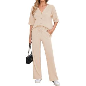 imageArachampampCloz Womens 2 Piece Sets Spring Summer Outfits 2024 Short Sleeve Cardigan Sweaters Wide Leg Pants Lounge TracksuitsApricot