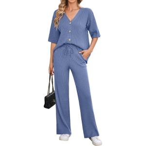 imageArachampampCloz Womens 2 Piece Sets Spring Summer Outfits 2024 Short Sleeve Cardigan Sweaters Wide Leg Pants Lounge TracksuitsBlue