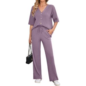 imageArachampampCloz Womens 2 Piece Sets Spring Summer Outfits 2024 Short Sleeve Cardigan Sweaters Wide Leg Pants Lounge TracksuitsGrey Purple