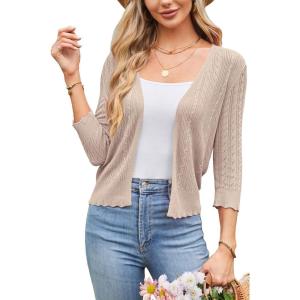 imageArachampampCloz Womens 2024 Lightweight Summer Cardigan 34 Sleeve Crochet Patterns Knit Shrug Sweater TopsApricot