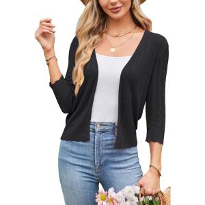 imageArachampampCloz Womens 2024 Lightweight Summer Cardigan 34 Sleeve Crochet Patterns Knit Shrug Sweater TopsBlack