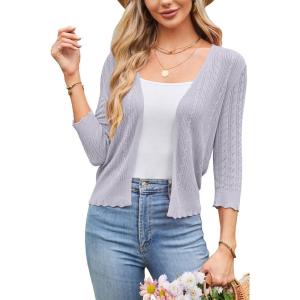 imageArachampampCloz Womens 2024 Lightweight Summer Cardigan 34 Sleeve Crochet Patterns Knit Shrug Sweater TopsGrey