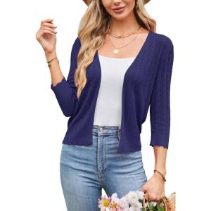 imageArachampampCloz Womens 2024 Lightweight Summer Cardigan 34 Sleeve Crochet Patterns Knit Shrug Sweater TopsNavy