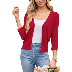 imageArachampampCloz Womens 2024 Lightweight Summer Cardigan 34 Sleeve Crochet Patterns Knit Shrug Sweater TopsRed