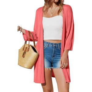 imageArachampampCloz Womens 2025 Summer 34 Short Sleeve Open Front Lightweight Outfit Cardigan Casual Kimono Beach SweaterCoral