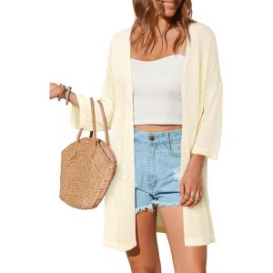 imageArachampampCloz Womens 2025 Summer 34 Short Sleeve Open Front Lightweight Outfit Cardigan Casual Kimono Beach SweaterCream White