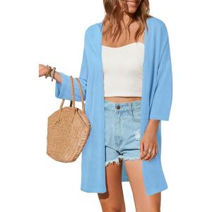 imageArachampampCloz Womens 2025 Summer 34 Short Sleeve Open Front Lightweight Outfit Cardigan Casual Kimono Beach SweaterLight Blue