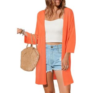 imageArachampampCloz Womens 2025 Summer 34 Short Sleeve Open Front Lightweight Outfit Cardigan Casual Kimono Beach SweaterOrange