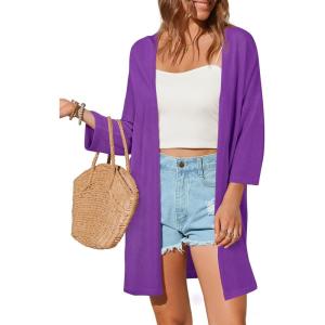 imageArachampampCloz Womens 2025 Summer 34 Short Sleeve Open Front Lightweight Outfit Cardigan Casual Kimono Beach SweaterPurple