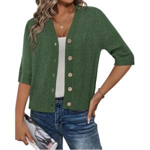 imageArachampampCloz Womens Lightweight Cardigan Short Sleeve Shrugs Button Crochet Knit Fashion Sweaters Tops Cozy CloudsGreen