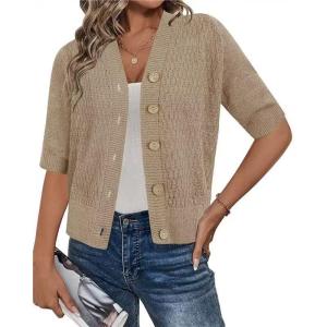 imageArachampampCloz Womens Lightweight Cardigan Short Sleeve Shrugs Button Crochet Knit Fashion Sweaters Tops Cozy CloudsKhaki